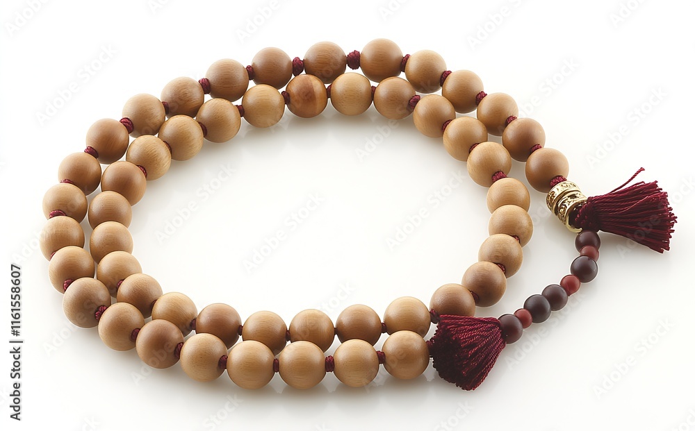 Obraz premium Elegant Wooden Prayer Beads with Red Tassels for Meditation and Mindfulness Practices : Generative AI