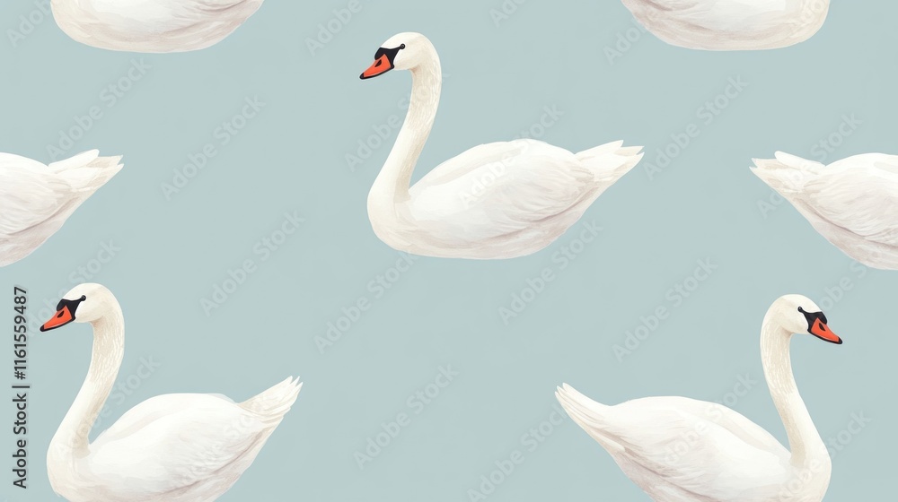 Obraz premium Seamless pattern of elegant white swans on a light blue background.