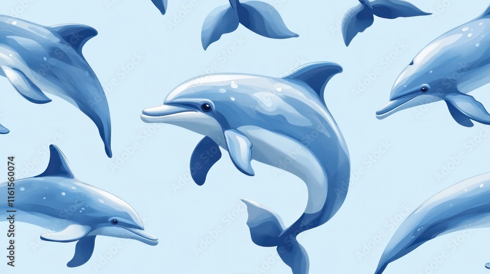 Fototapeta premium Seamless pattern of playful dolphins swimming in ocean.
