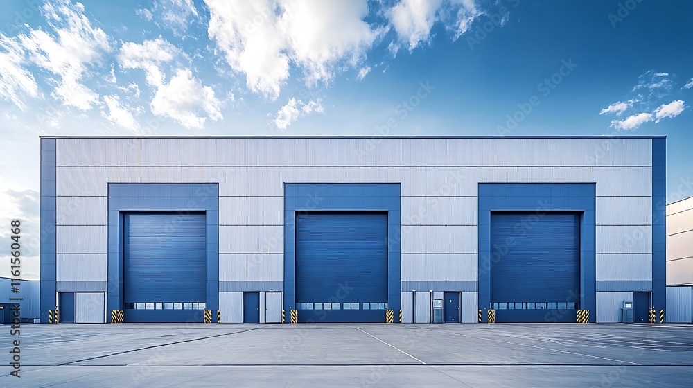Industrial Warehouse with Triple Blue Doors Underneath Soft Clouded Sky : Generative AI Industrial Warehouse with Triple Blue Doors Underneath Soft Clouded Sky : Generative AI