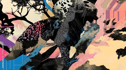 a modern digital art piece by a vibrant color palette and a collage composition. Including minimalistic designer cut out silhouettes of African animals