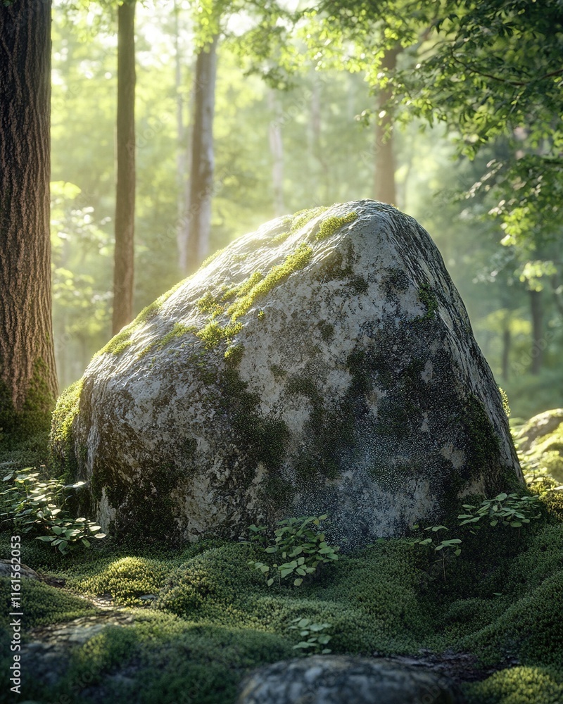 Mossy rock in sunlit forest.