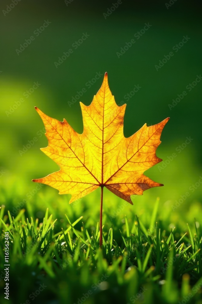 Crisp golden maple leaf on lush green lawn, sunlight dappled , bright, lawn Crisp golden maple leaf on lush green lawn, sunlight dappled , bright, lawn
