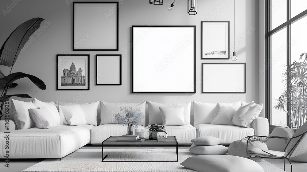 Fototapeta premium Stylish Living Room with White Sofa and Black Framed Art in Bright Interior Setting : Generative AI
