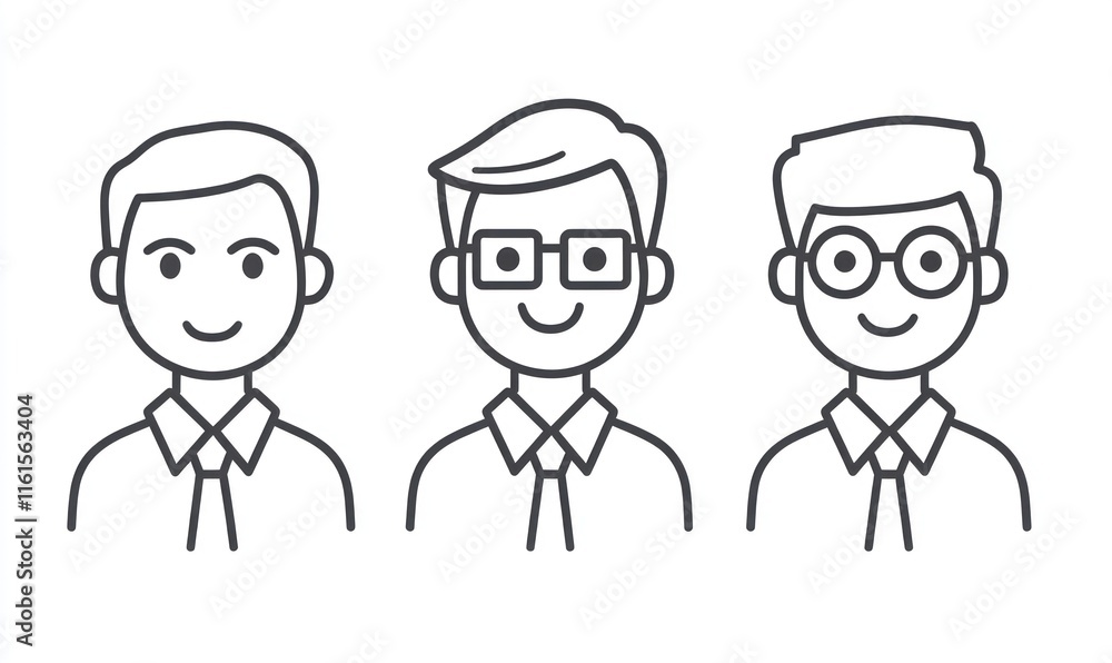 Three smiling line drawings of men wearing shirts and ties. Three smiling line drawings of men wearing shirts and ties.