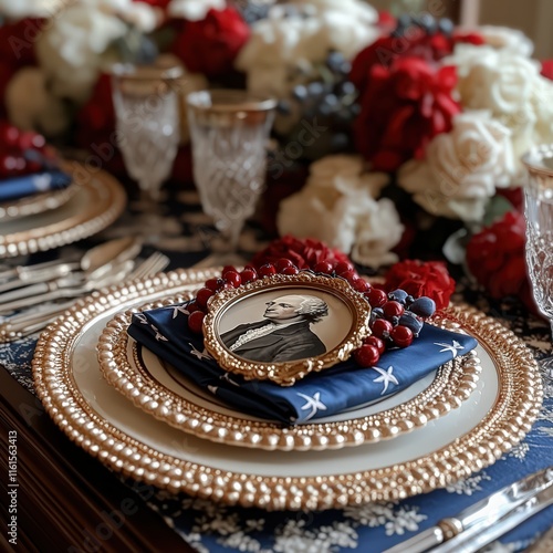 Patriotic table setting with red, white, and blue napkins and a small portrait of Washington photo