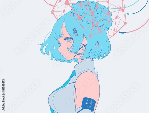 Futuristic Woman with Blue Hair and Geometric Network Design photo