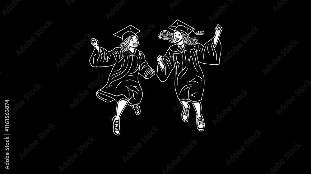 Fototapeta premium Two female graduates joyfully leap, holding hands, celebrating graduation.
