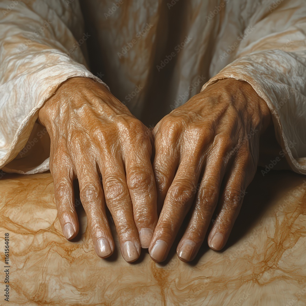 Fototapeta premium hands with vitiligo resting on a table, emphasizing the contrast of depigmented patches