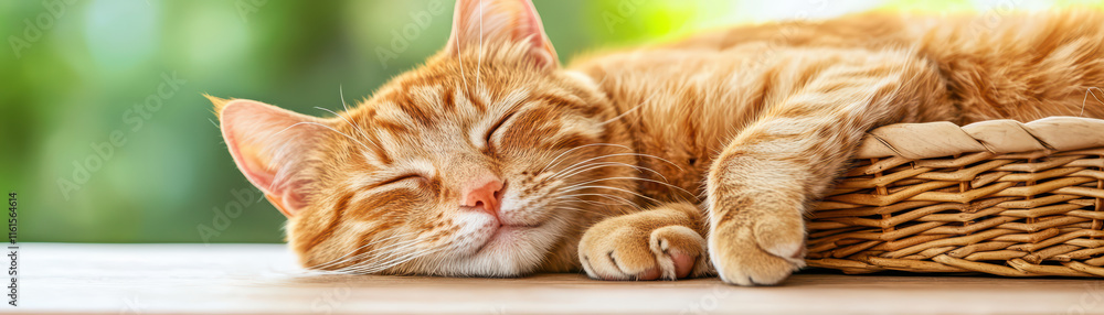 content orange cat peacefully sleeps in cozy basket, enjoying warm sunlight