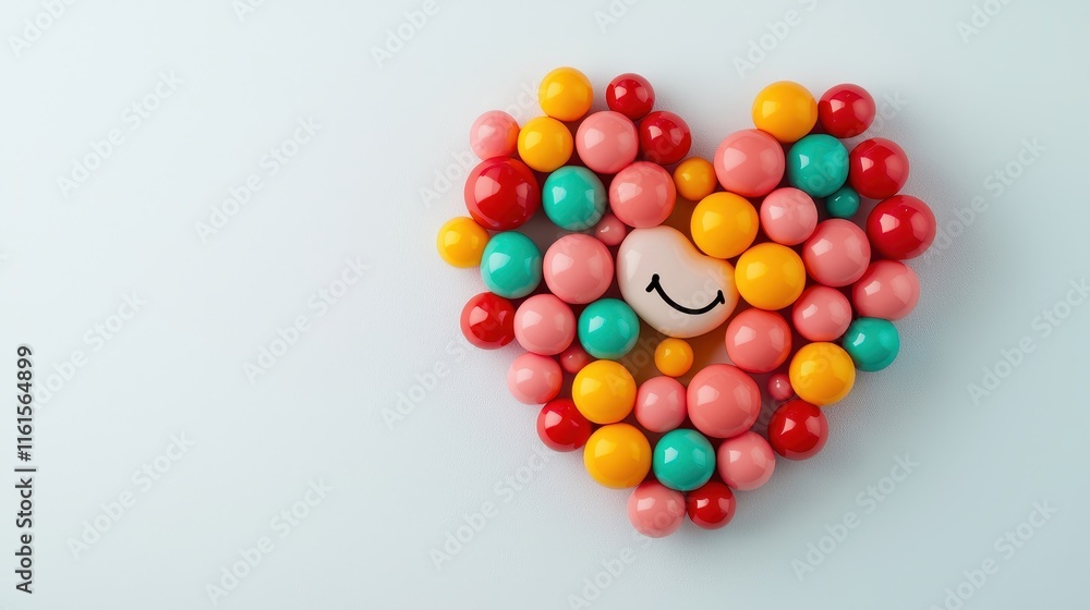 A colorful heart shape made of small balls, with a smiling face in the center, symbolizes joy and love against a soft blue background. A colorful heart shape made of small balls, with a smiling face in the center, symbolizes joy and love against a soft blue background.