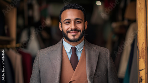 well dressed man with beard smiles confidently in stylish coat. His attire reflects classic and sophisticated fashion sense. photo