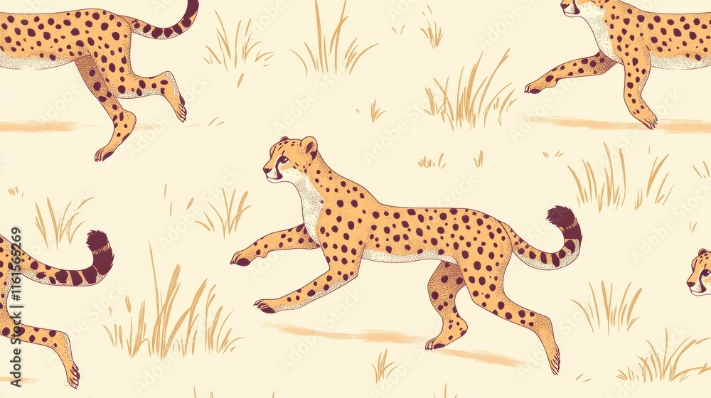 Obraz premium Seamless pattern with running cheetahs in African savanna.