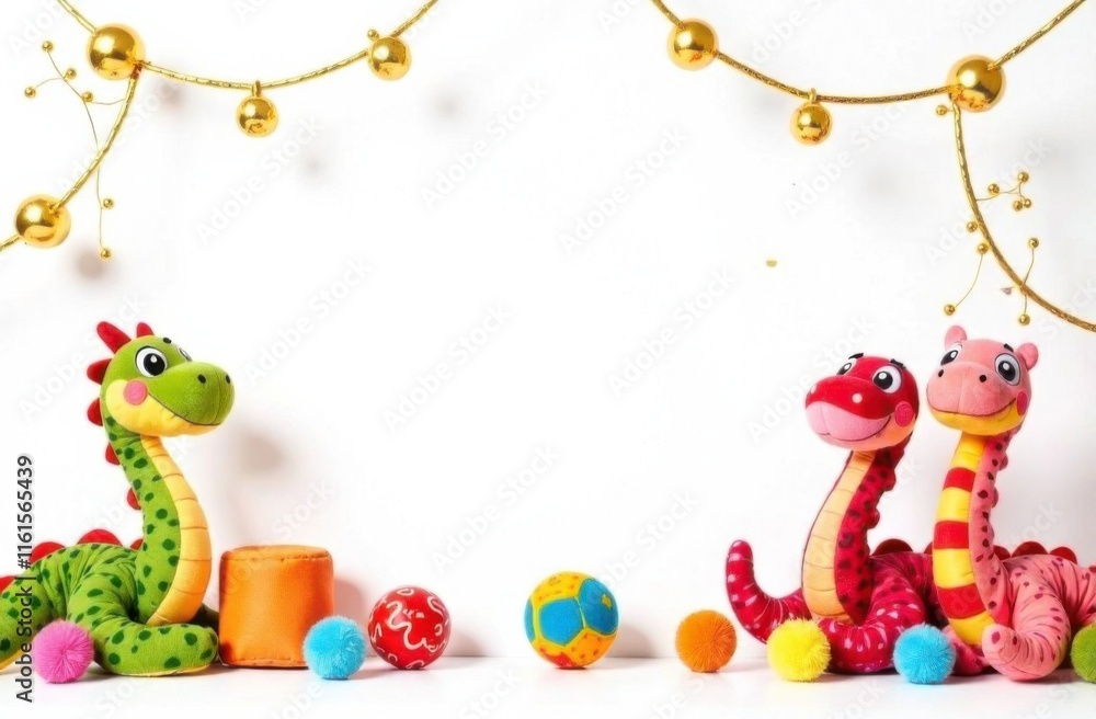 Snakes, Dragonsblank background, space for text, children's party, toys Snakes, Dragons, garlands Snakes, Dragonsblank background, space for text, children's party, toys Snakes, Dragons, garlands