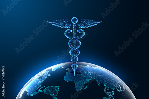 Global healthcare concept with glowing Caduceus symbol above Earth on dark blue background. 