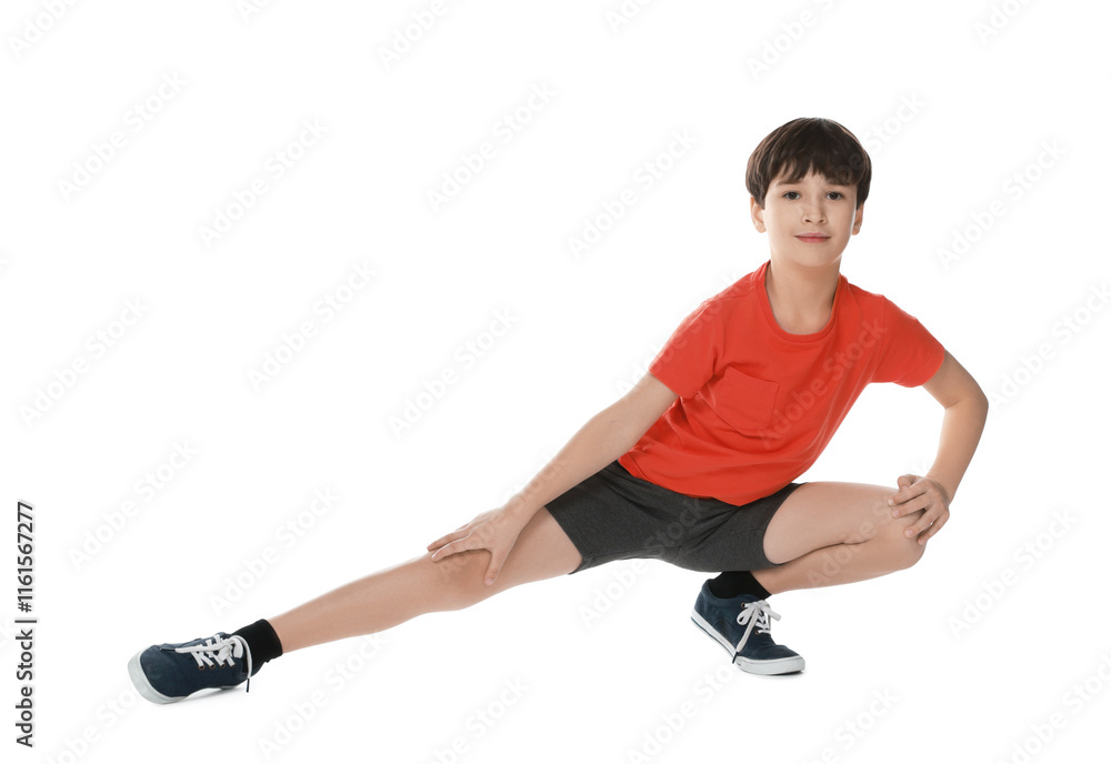 Boy doing exercise on white background. Sport activity Boy doing exercise on white background. Sport activity