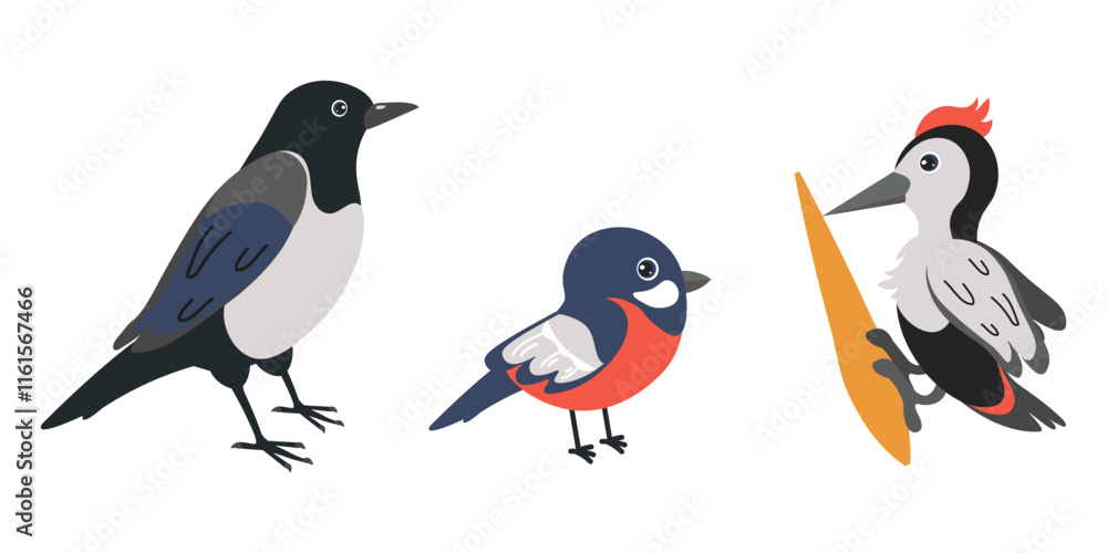 Naklejka premium Colorful birds perched together in a playful illustration showcasing wildlife