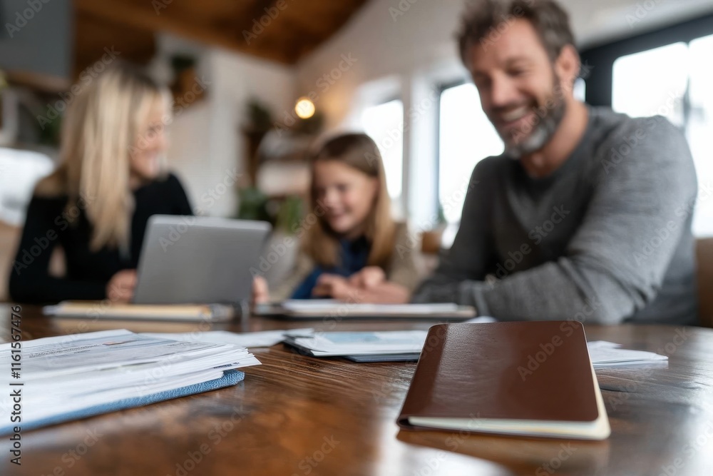 A family gathers around a table with papers and a laptop, reflecting modern life and the importance of collaboration, planning, and togetherness in daily activities. A family gathers around a table with papers and a laptop, reflecting modern life and the importance of collaboration, planning, and togetherness in daily activities.