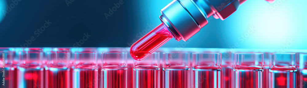 close up of laboratory experiment featuring pipette dispensing red liquid into test tubes, showcasing scientific precision and innovation close up of laboratory experiment featuring pipette dispensing red liquid into test tubes, showcasing scientific precision and innovation