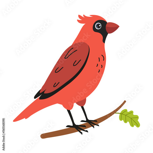 Bright red cardinal perched on a branch among green leaves in a clear setting