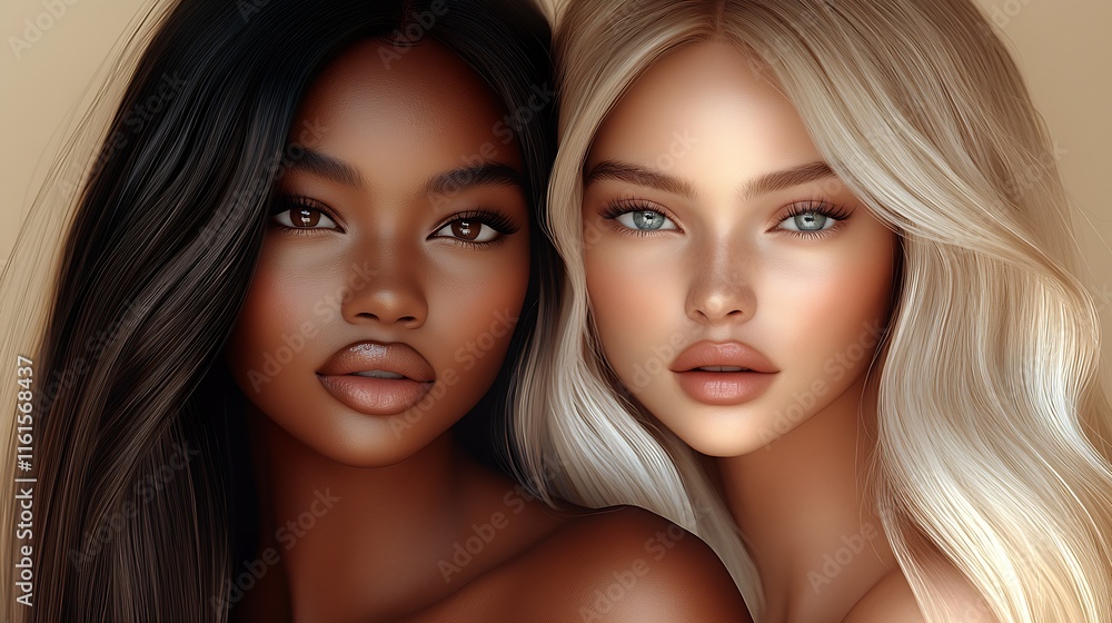 Charming Portrait of Two Diverse Women with Captivating Smiles and Beautiful Hair : Generative AI Charming Portrait of Two Diverse Women with Captivating Smiles and Beautiful Hair : Generative AI