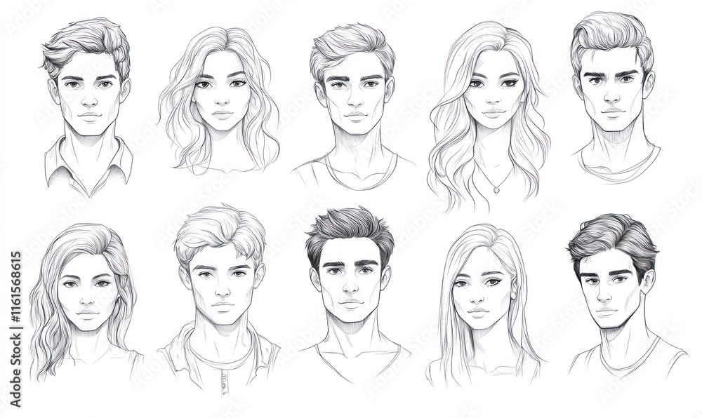 Ten stylized pencil sketches of young adult faces, showcasing diverse hairstyles and expressions. Ten stylized pencil sketches of young adult faces, showcasing diverse hairstyles and expressions.