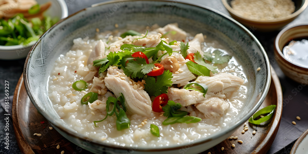 Comforting chicken rice porridge with scallions, cilantro, soy sauce, and pickled vegetable garnish Comforting chicken rice porridge with scallions, cilantro, soy sauce, and pickled vegetable garnish