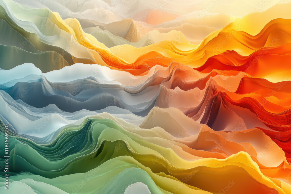 Fototapeta premium Abstract landscape of colorful, layered mountains creating a surreal and dreamy atmosphere.