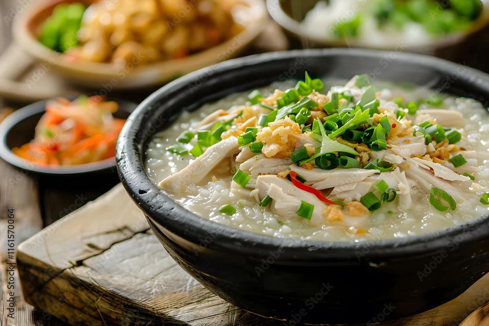Steaming bowl of chicken rice porridge with fresh herbs, green onions, and crispy shallots Steaming bowl of chicken rice porridge with fresh herbs, green onions, and crispy shallots