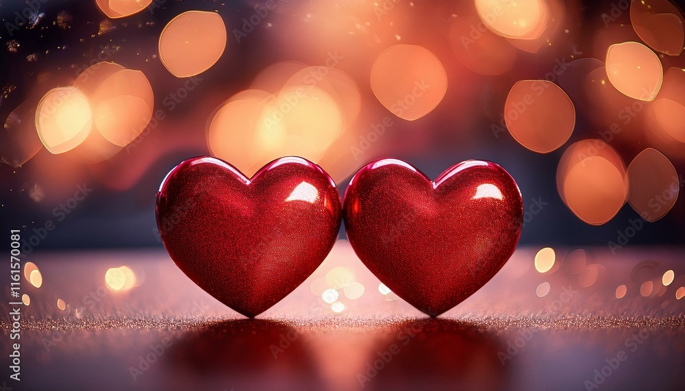 Two red, glossy heart-shaped objects in front of a blurred bokeh light background Two red, glossy heart-shaped objects in front of a blurred bokeh light background