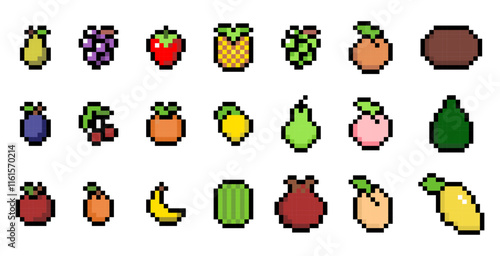 Pixel art grid of various colorful fruits, pixel art, pixelated fruits, fruits icon set., fruits icon set for video games.