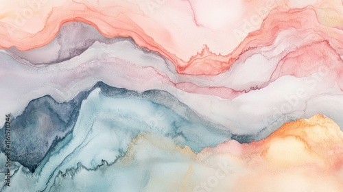 Abstract watercolor painting with pastel colors and flowing textures resembling mountains or landscape.