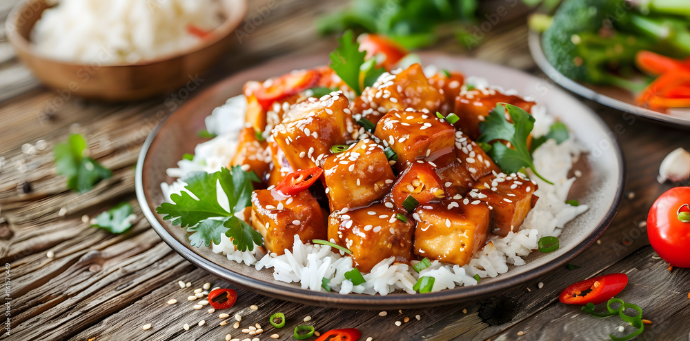Tantalizing fried tofu with sweet and spicy sauce, garnished with chili, cilantro, and sesame seeds Tantalizing fried tofu with sweet and spicy sauce, garnished with chili, cilantro, and sesame seeds