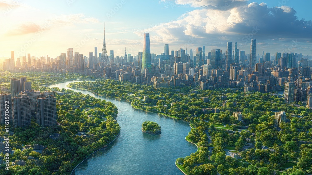 Fototapeta premium Aerial view of city skyline with river and lush green park.
