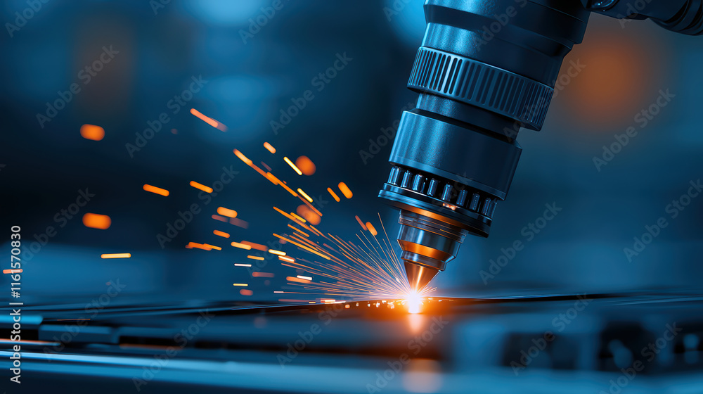 Close up of robotic welding machine creating sparks during metal assembly Close up of robotic welding machine creating sparks during metal assembly