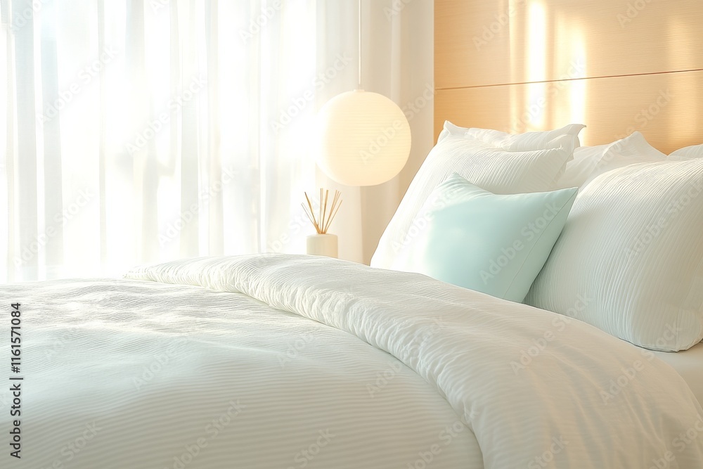 A tranquil bedroom, a cozy bed with plush pillows. Generative AI A tranquil bedroom, a cozy bed with plush pillows. Generative AI
