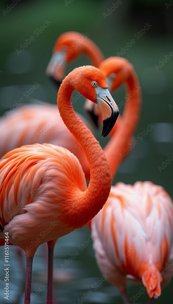Obraz premium Flamingos gather in a tranquil pond, their orange feathers reflecting in water. They interact playfully, creating a stunning display of nature. Flamingo Phoenicopterus is genus of birds. Generative AI