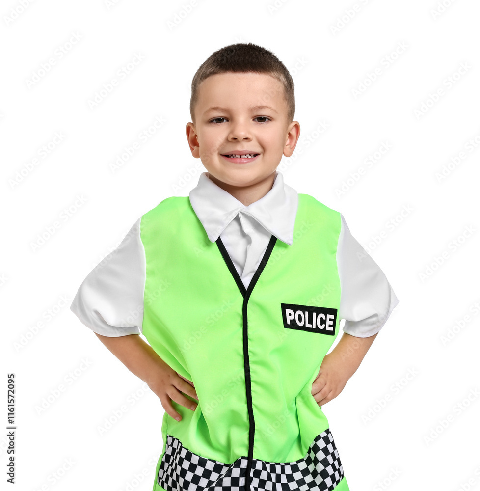 Little boy pretending to be policeman on white background. Dreaming of future profession Little boy pretending to be policeman on white background. Dreaming of future profession