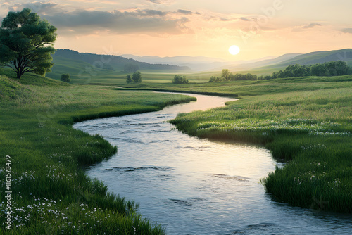 Sunset Reflection Over Tranquil River and Verdant Hills in Serene Landscape photo