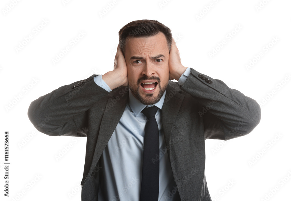 Man covering his ears on white background Man covering his ears on white background