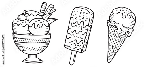 black and white illustration of ice cream and popsicle vector
