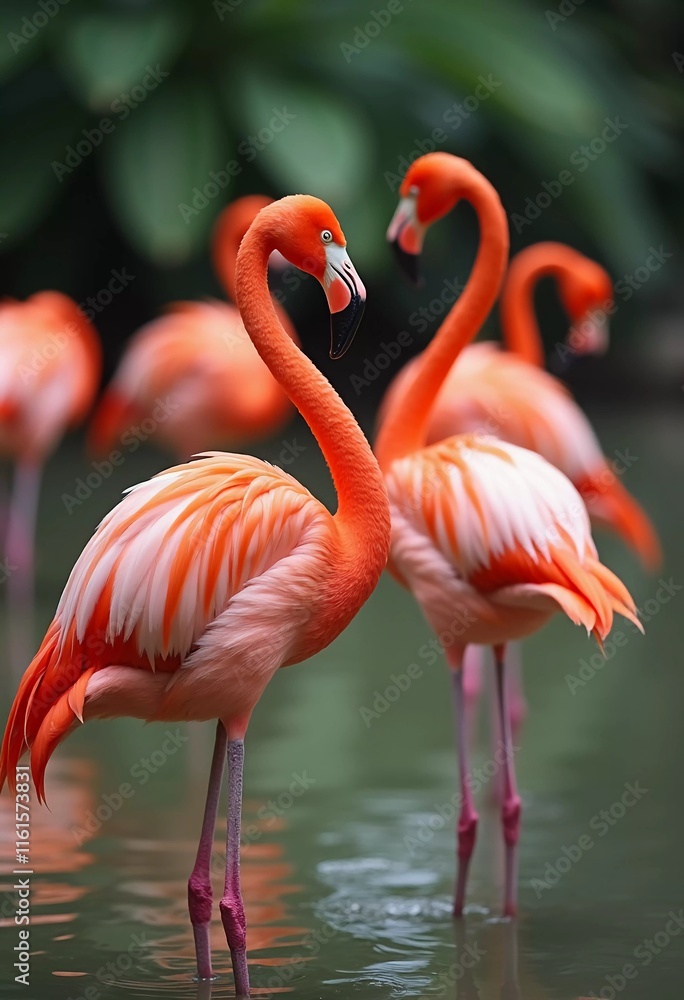 Flamingos gather in a tranquil pond, their orange feathers reflecting in water. They interact playfully, creating a stunning display of nature. Flamingo Phoenicopterus is genus of birds. Generative AI Flamingos gather in a tranquil pond, their orange feathers reflecting in water. They interact playfully, creating a stunning display of nature. Flamingo Phoenicopterus is genus of birds. Generative AI