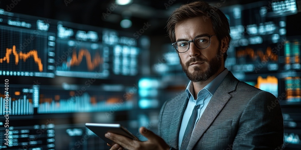 Business professional analyzing market trends with digital tools in a modern office at night Business professional analyzing market trends with digital tools in a modern office at night