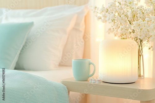 A bedside table featuring magnesium supplements, a calming tea mug, a blue light-blocking lamp, and a sleep tracker, promoting the essentials for a great night. Generative AI photo