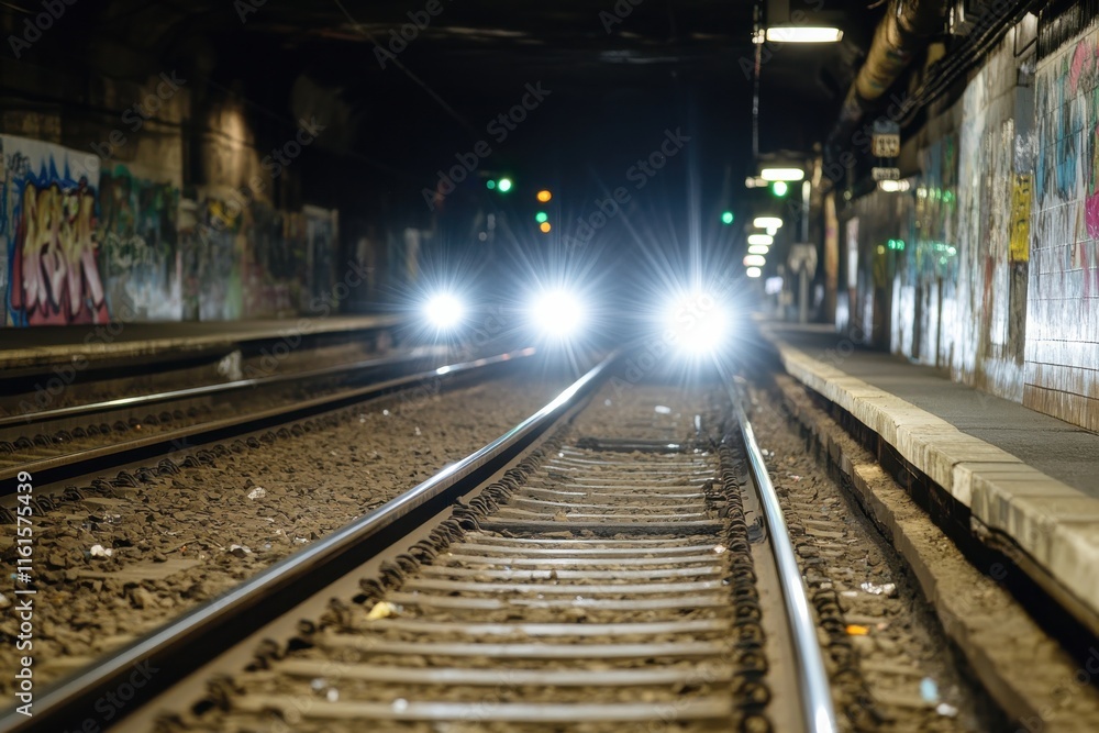 Obraz premium An urban subway scene captured with the headlights of an approaching train illuminating the tracks, showcasing vibrant street art along the tunnel's walls.