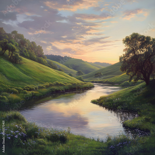 Sunset Reflection Over Tranquil River and Verdant Hills in Serene Landscape photo