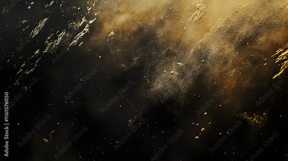 Obraz premium un fondo negro con espacio de copia con humo y vapor de color dorado con destellos y salpicaduras con diseño de plantilla