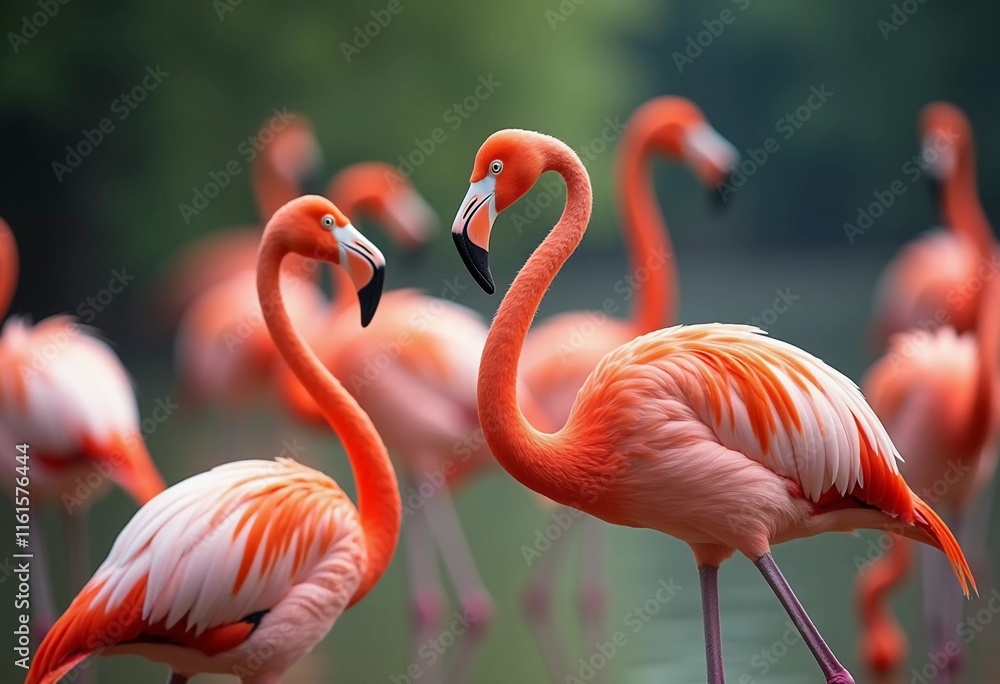 Obraz premium Flamingos gather in a tranquil pond, their orange feathers reflecting in water. They interact playfully, creating a stunning display of nature. Flamingo Phoenicopterus is genus of birds. Generative AI