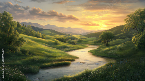 Sunset Reflection Over Tranquil River and Verdant Hills in Serene Landscape photo