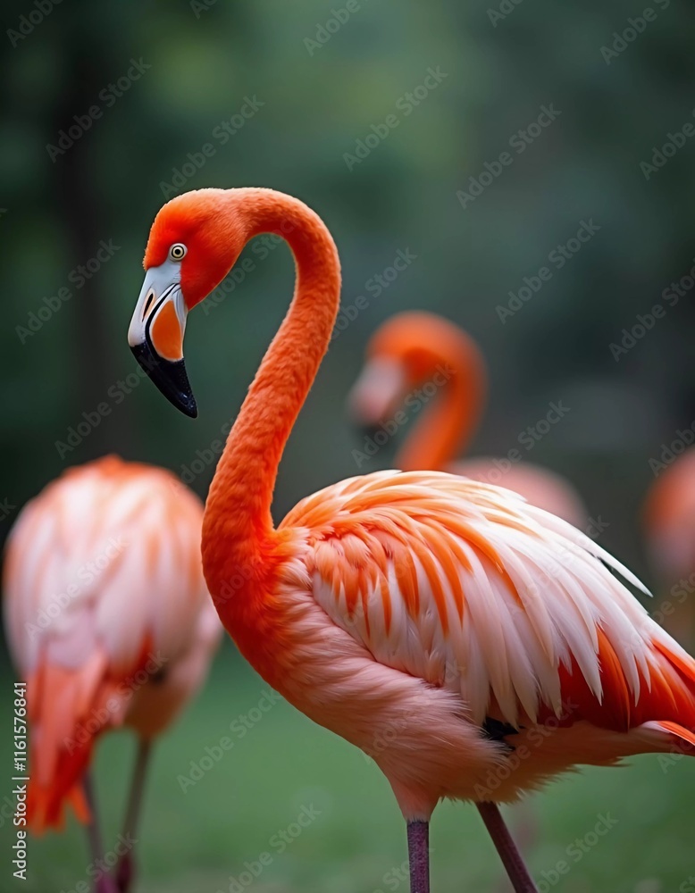 Obraz premium Flamingos gather in a tranquil pond, their orange feathers reflecting in water. They interact playfully, creating a stunning display of nature. Flamingo Phoenicopterus is genus of birds. Generative AI